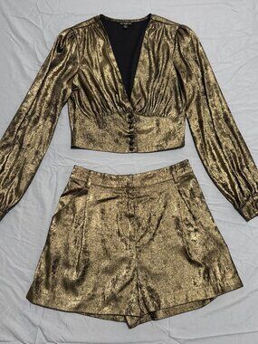 Guess Gold Metallic 2 Piece Set Womens Small Crop Top Shorts Glam Party